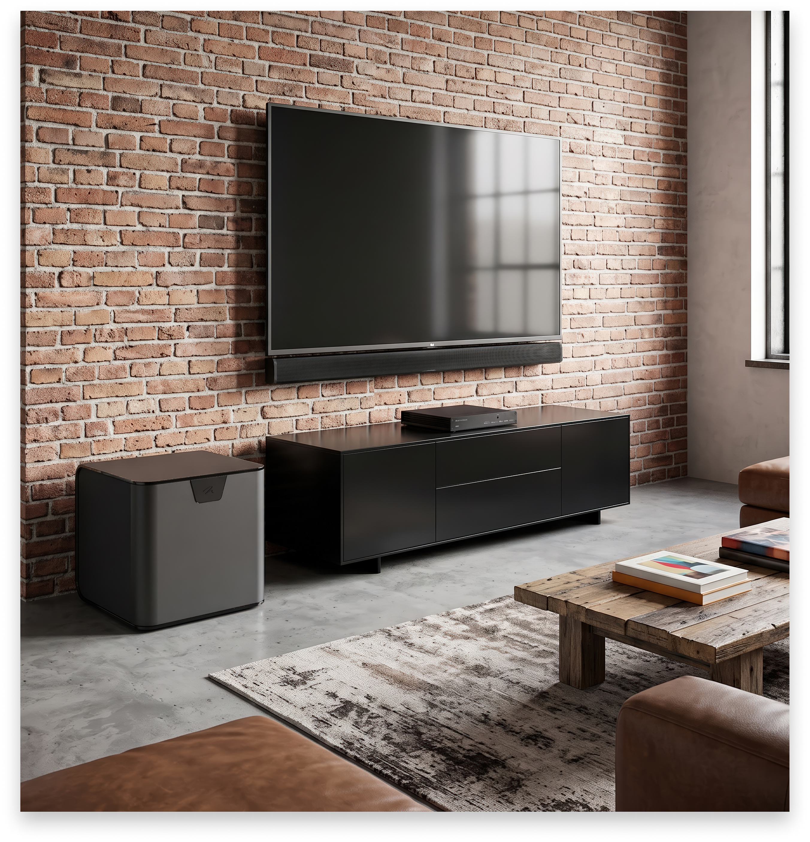 USR51 in a living room with a soundbar and subwoofer