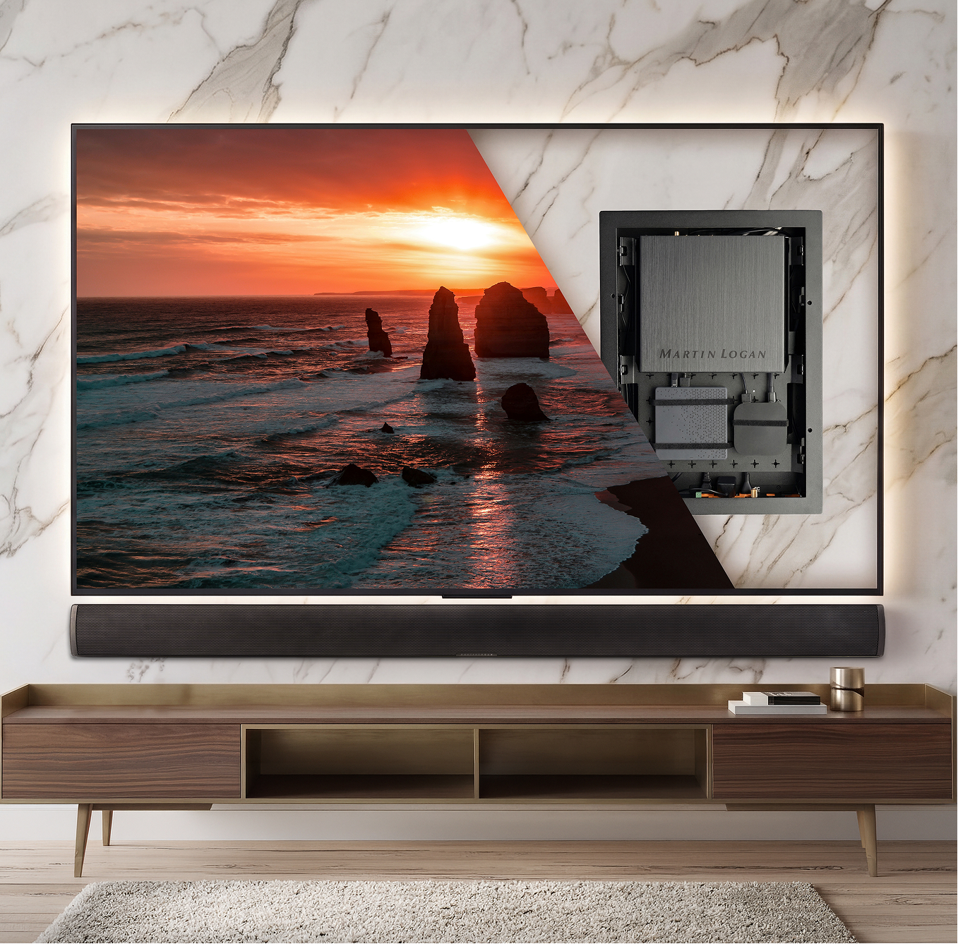 USR51 mounted behind a television above a soundbar