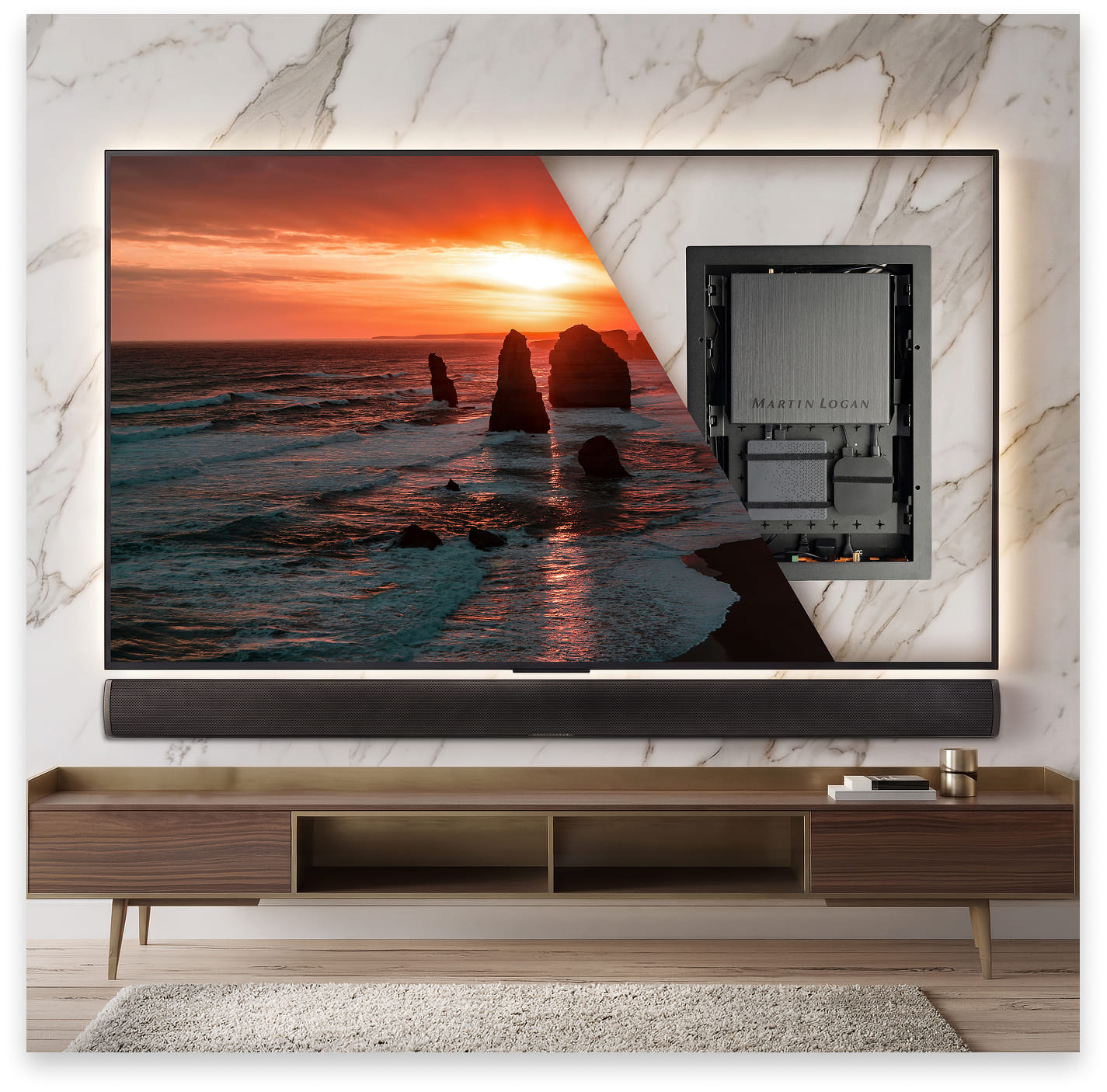 USR51 mounted behind a television above a soundbar