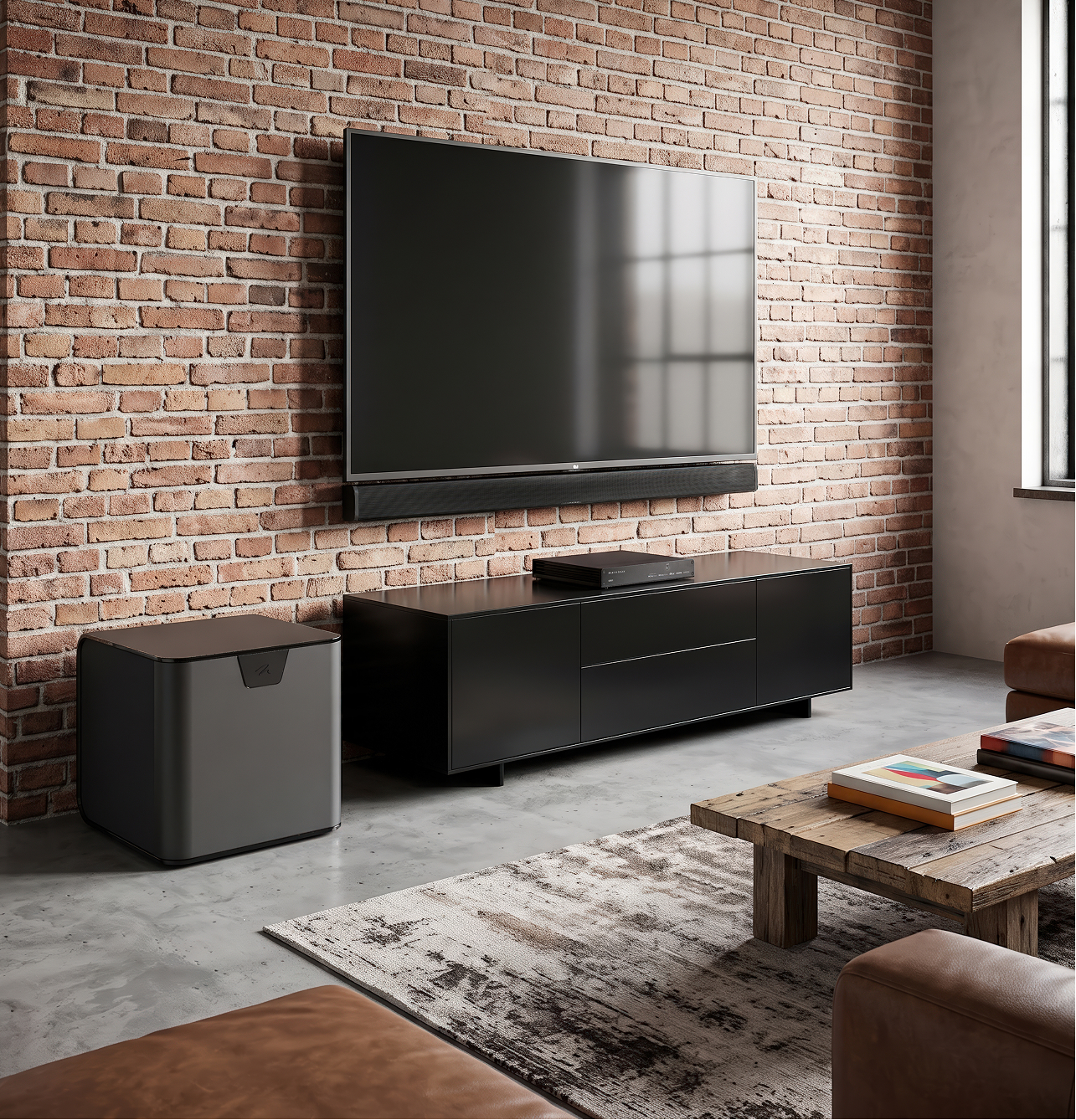 USR51 in a living room with a soundbar and subwoofer