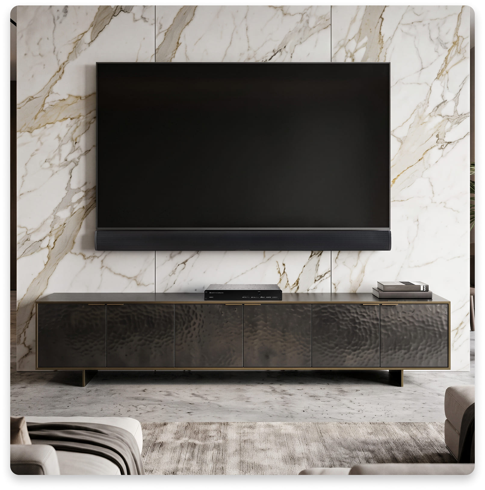 USR51 on a media console beneath a television